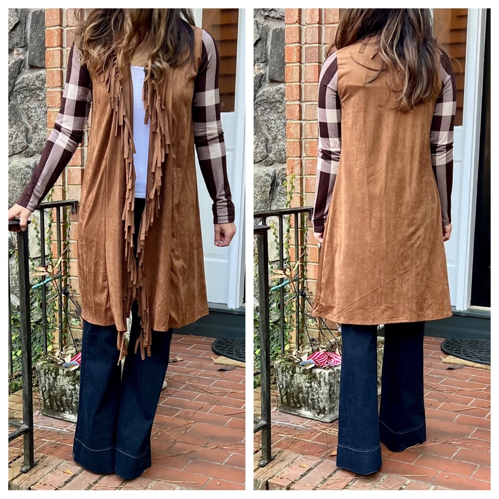 Boho Light faux suede fringed cardigan with plaid sleeves contrast